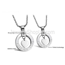 Titanium Silver Sweetheart "Forever Love" Lovers Pendants With Rhinestones And Free Chains C415