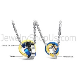 Titanium Three Colors Rings Lovers Pendants With Rhinestones And Free Chains C642