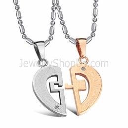 Titanium Rose Gold And Silver Sweetheart Lovers Pendants With Rhinestones And Free Chains C641