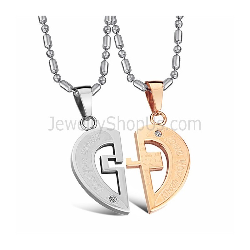 Titanium Rose Gold And Silver Sweetheart Lovers Pendants With Rhinestones And Free Chains C641