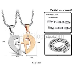 Titanium Rose Gold And Silver Sweetheart Lovers Pendants With Rhinestones And Free Chains C641