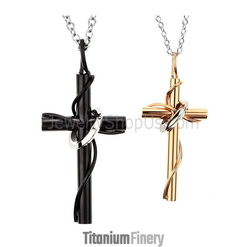 Titanium Rose Gold And Black Cross Lovers Pendants With Free Chains C521 Titanium Rose Gold And Black Cross Lovers Pendants With Free Chains C521