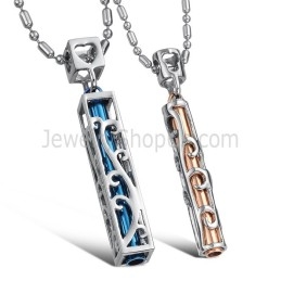 Titanium Blue And Rose Gold Hollow Lovers Pendants With Free Chains C609