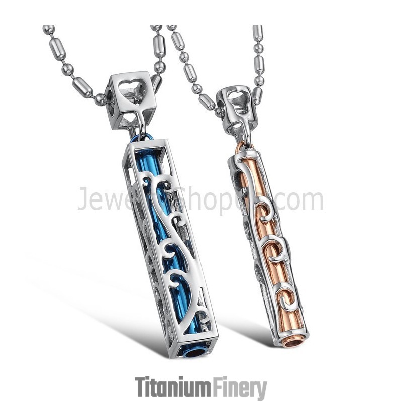 Titanium Blue And Rose Gold Hollow Lovers Pendants With Free Chains C609 Titanium Blue And Rose Gold Hollow Lovers Pendants With Free Chains C609