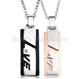 Titanium Rose Gold And Black "Love" Lovers Rectangle Pendants With Rhinestones And Free Chains C511