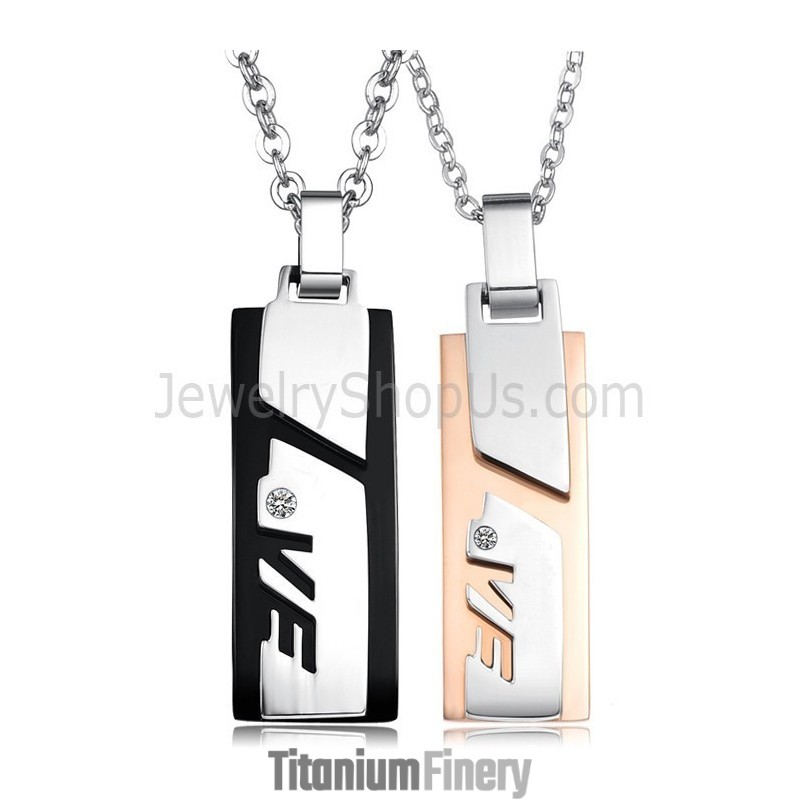 Titanium Rose Gold And Black "Love" Lovers Rectangle Pendants With Rhinestones And Free Chains C511 Titanium Rose Gold And Black "Love" Lovers Rectangle Pendants With Rhinestones And Free Chains C511