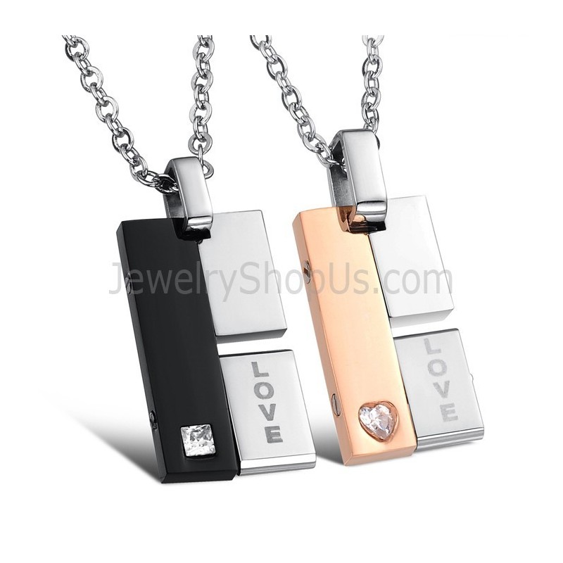 Titanium Black And Rose Gold Rotatable Lovers Pendants With Rhinestones And Free Chains C605