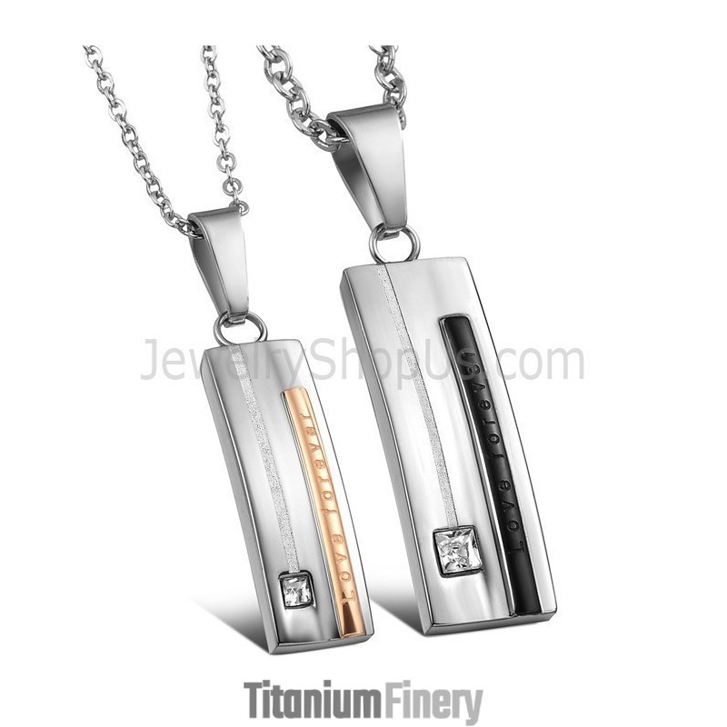 Titanium Rectangle Black And Rose Gold "Love Forever" Lovers Pendants With Rhinestones And Free Chains C567