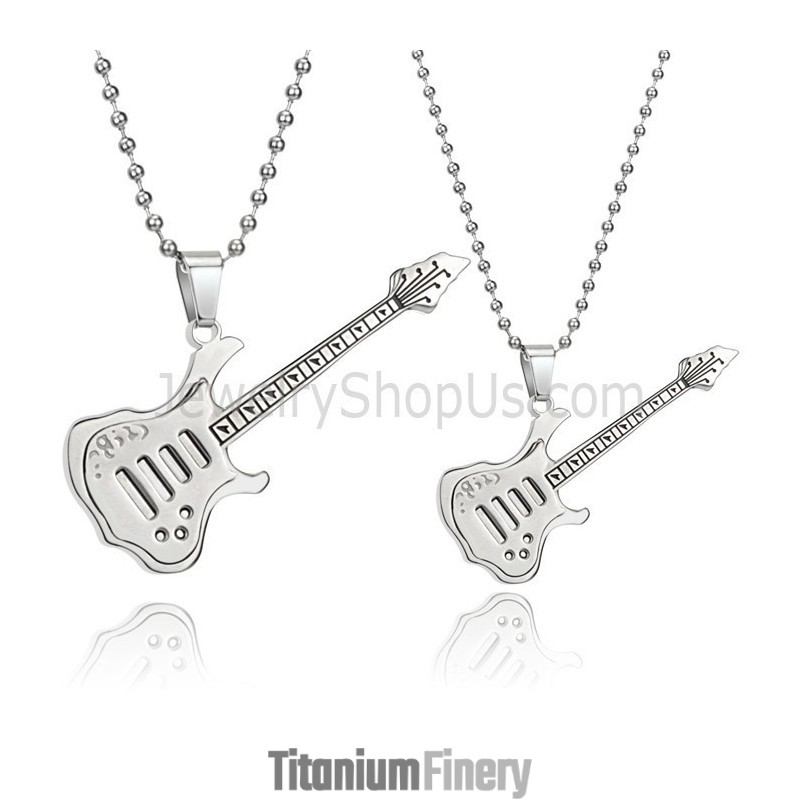 Titanium Silver Guitar Lovers Pendants With Free Chains C343 Titanium Silver Guitar Lovers Pendants With Free Chains C343