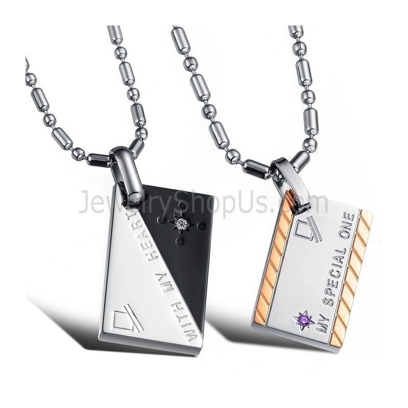 Titanium Rose Gold Letter And Free Chains Rectangle Lovers Pendants Wiht Rhinestones And Free Chainse C726