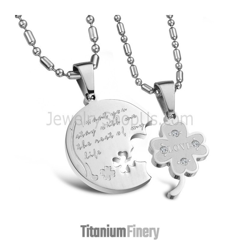 Titanium Silver Clover Lovers Pendants With Rhinestones And Free Chains C599 Titanium Silver Clover Lovers Pendants With Rhinestones And Free Chains C599