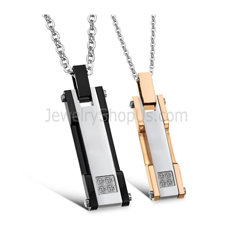 Titanium Rose Gold And Black Rectangle Lovers Pendants With Rhinestone And Free Chains C362