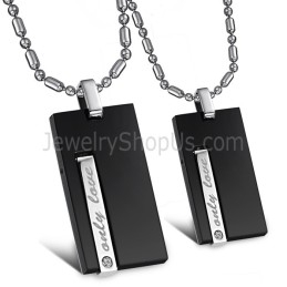 Black Titanium Rectangle "Only Love" Lovers Pendants With Rhinestones And Free Chains 220