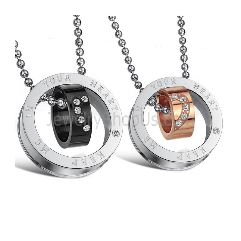 Titanium Rose Gold And Black Rings "Keep Me In Your Heart" Lovers Pendants With Rhinestone And Free Chains C673 Titanium Rose Gold And Black Rings "Keep Me In Your Heart" Lovers Pendants With Rhinestone And Free Chains C673