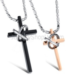 Titanium Rose Gold And Black Cross Lovers Pendants With Rhinestones And Free Chains C724