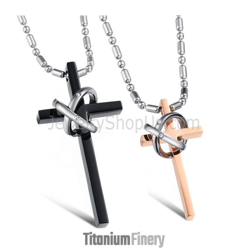 Titanium Rose Gold And Black Cross Lovers Pendants With Rhinestones And Free Chains C724 Titanium Rose Gold And Black Cross Lovers Pendants With Rhinestones And Free Chains C724