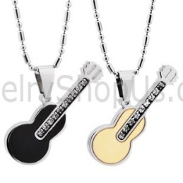 Titanium Rose Gold And Black Guitar Lovers Pendants With Rhinestones And Free Chains 188