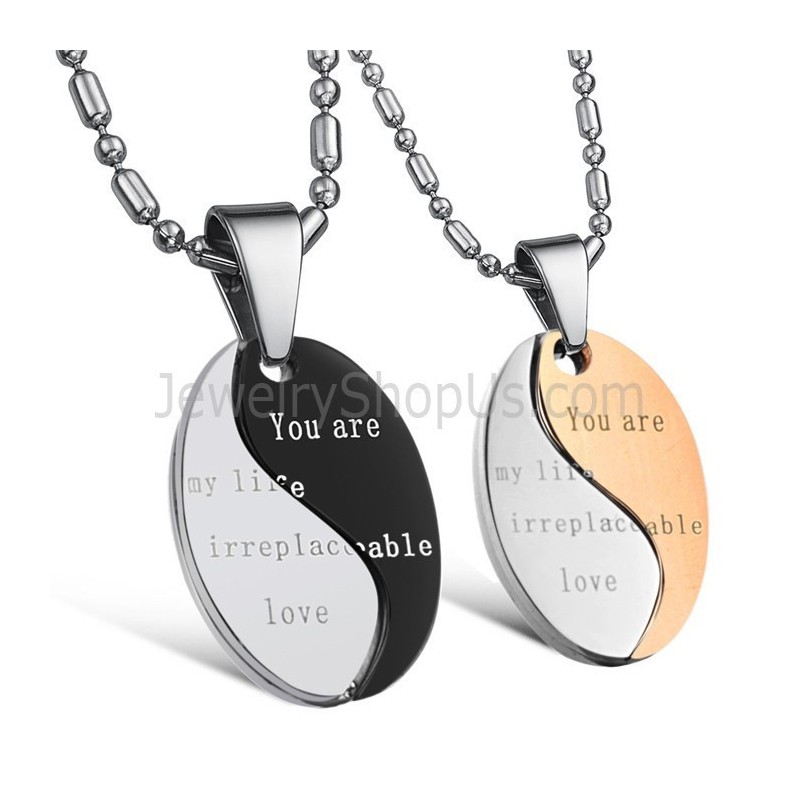 Titanium Black And Rose Gold "You Are My Life Irreplaceable Love" Lovers Pendants With Free Chains C628 Titanium Black And Rose Gold "You Are My Life Irreplaceable Love" Lovers Pendants With Free Chains C628