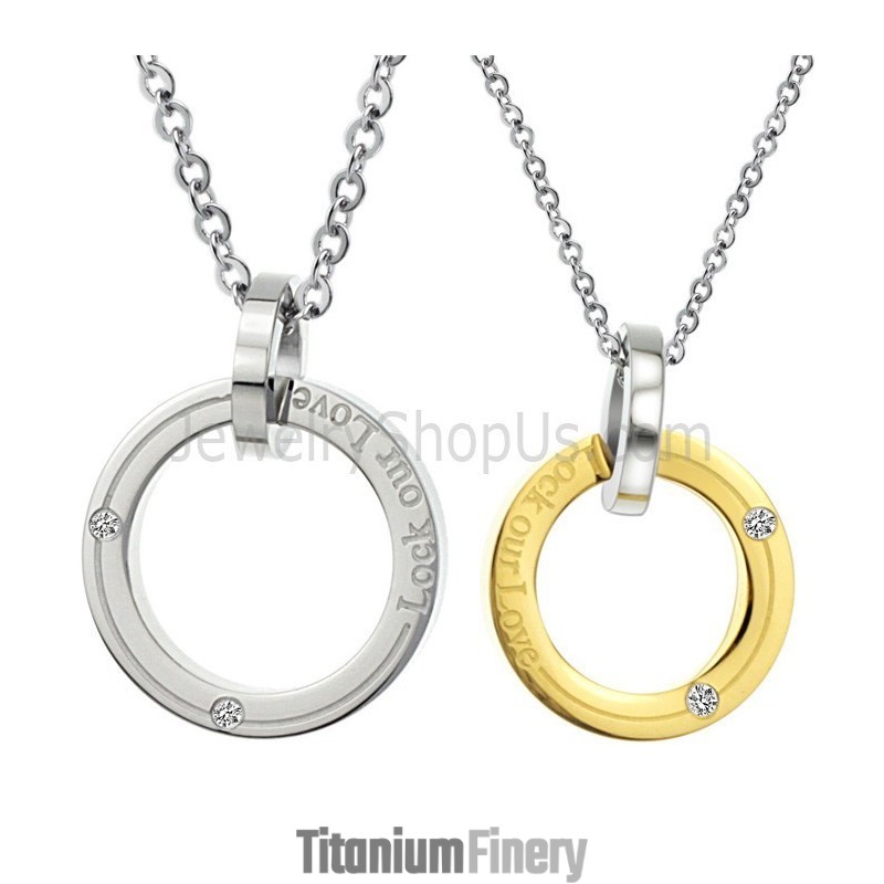 Titanium Silver And Gold Rings "Lock Our Love" Lovers Pendants With Dimaonds And Free Chains C350