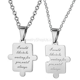 Titanium Silver Jigsaw Lovers Pendants With Free Chains C538