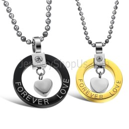 Titanium Black And Gold "Forever Love" Lovers Pendants With Rhinestones And Free Chains 280