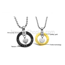 Titanium Black And Gold "Forever Love" Lovers Pendants With Rhinestones And Free Chains 280