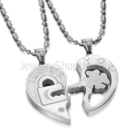 Titanium Sweetheart Key And Lock Lovers Pendants With Rhinestone And Free Chains C553