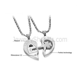 Titanium Sweetheart Key And Lock Lovers Pendants With Rhinestone And Free Chains C553