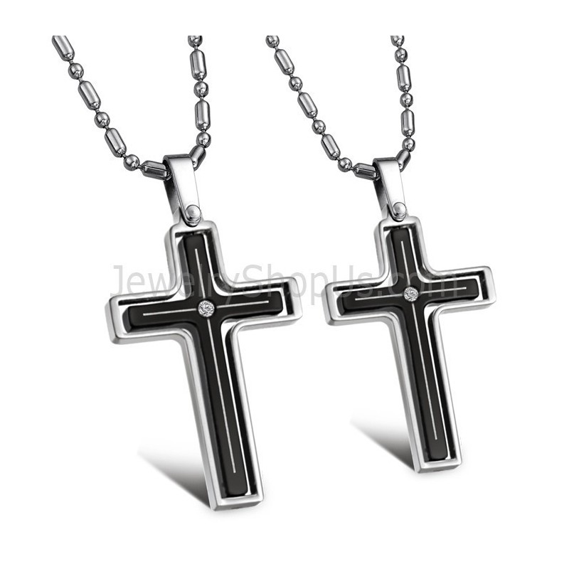 Titanium Inlay Cross Lovers Pendants With Rhinestones And Free Chains 116