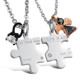 Titanium Silver "Love Is Always Here Now And Forever" Lovers Pendants With Rhinestones And Free Chains C608