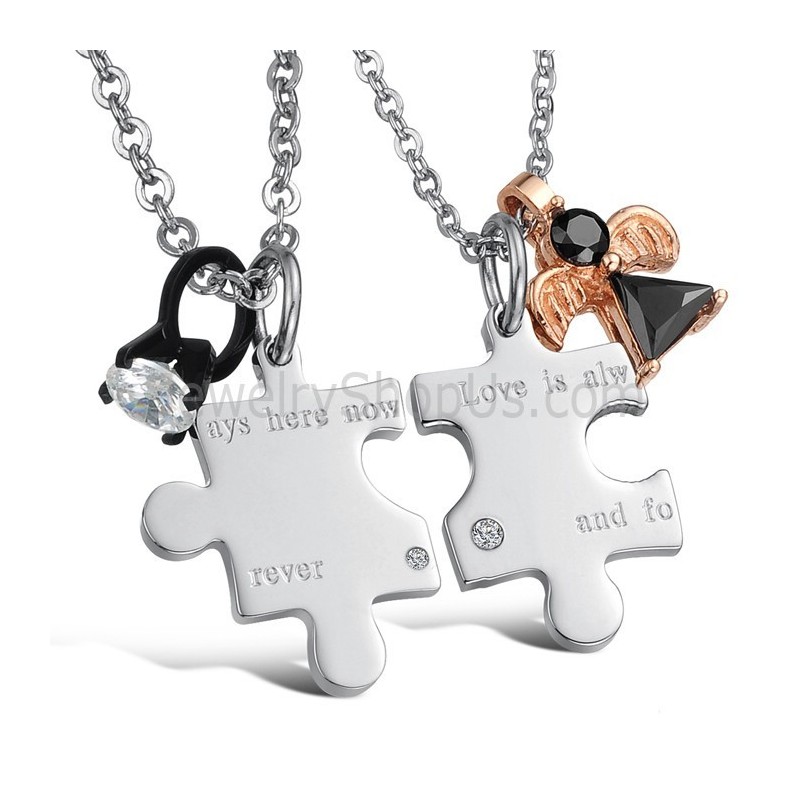 Titanium Silver "Love Is Always Here Now And Forever" Lovers Pendants With Rhinestones And Free Chains C608