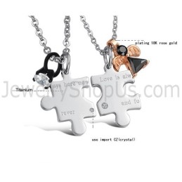 Titanium Silver "Love Is Always Here Now And Forever" Lovers Pendants With Rhinestones And Free Chains C608