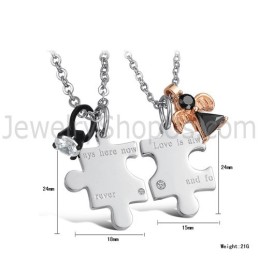Titanium Silver "Love Is Always Here Now And Forever" Lovers Pendants With Rhinestones And Free Chains C608