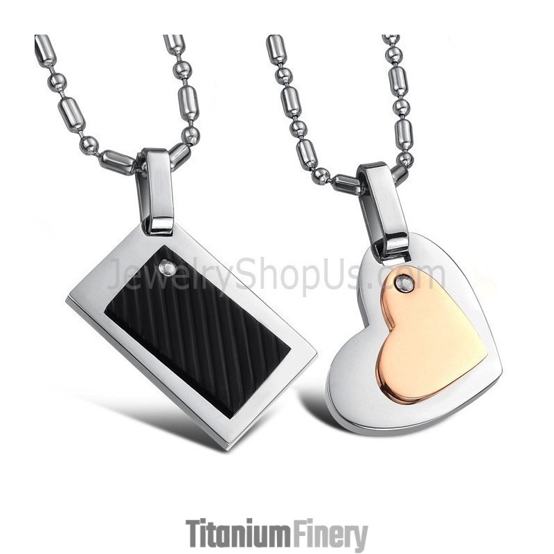 Titanium Black Rectangle And Rose Gold Sweetheart Lovers Pendants With Free Chains C601 Titanium Black Rectangle And Rose Gold Sweetheart Lovers Pendants With Free Chains C601