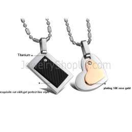 Titanium Black Rectangle And Rose Gold Sweetheart Lovers Pendants With Free Chains C601