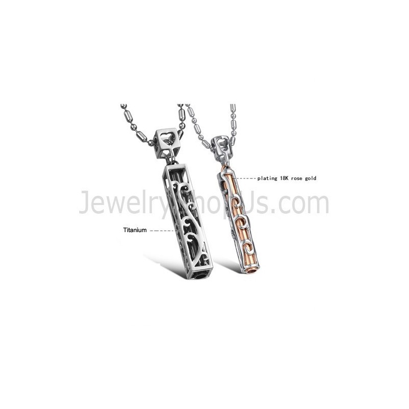 Titanium Black And Rose Gold Hollow Lovers Pendants With Free Chains C609