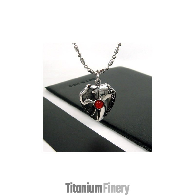 Man Shield Real Red Agate Pure Titanium Pendant Necklace Gift 4596
