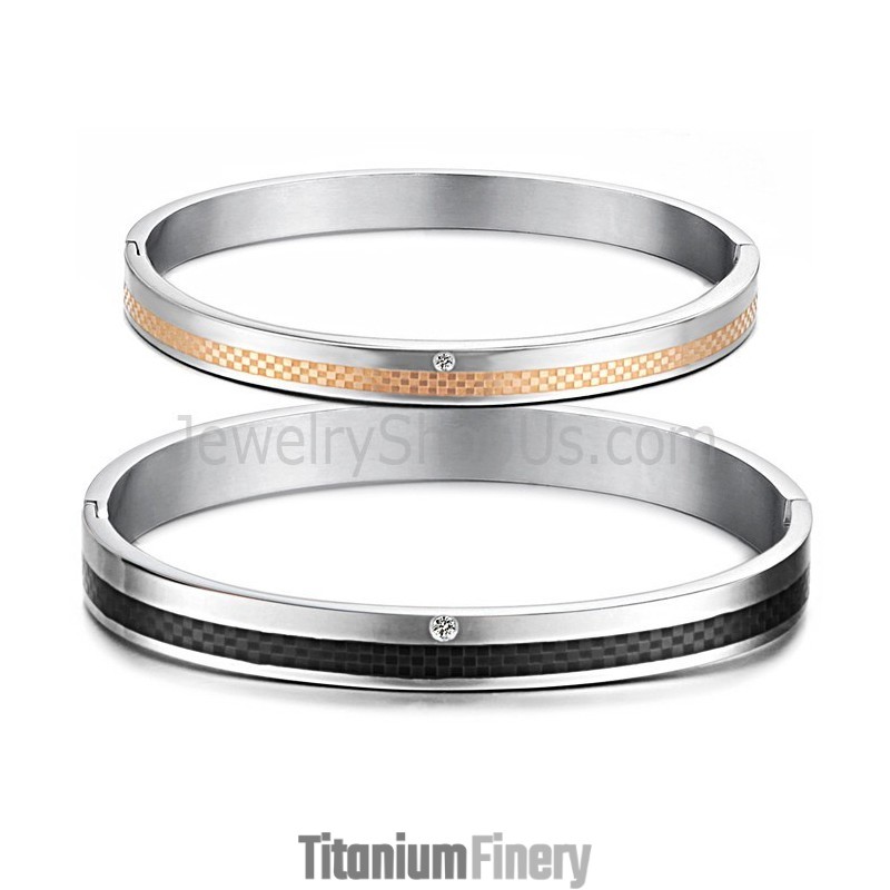 Tatanium Rose Gold And Black Grid Couple Bangles With Rhinestones C746