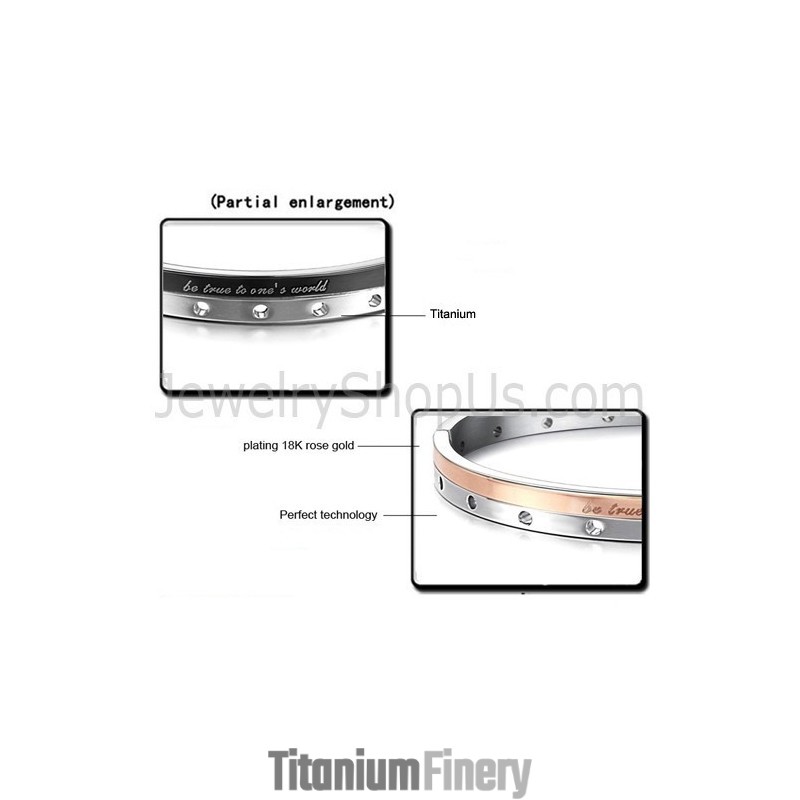 Tatanium Rose Gold And Black "Be True To One'S World" Couple Bangles With Circular Holes C868