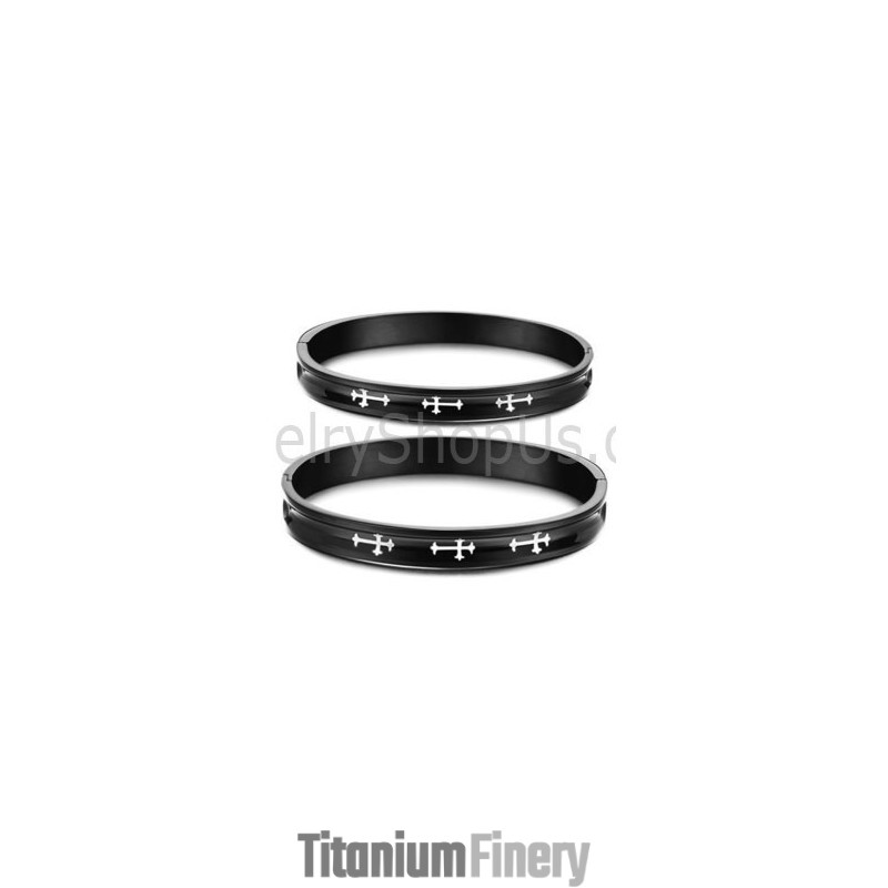 Tatanium Black Couple Bangles With White Cross C747 Tatanium Black Couple Bangles With White Cross C747