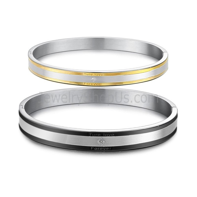 Tatanium Black And Gold "True Love Forever" Couple Bangles With Rhinestones C875 Tatanium Black And Gold "True Love Forever" Couple Bangles With Rhinestones C875