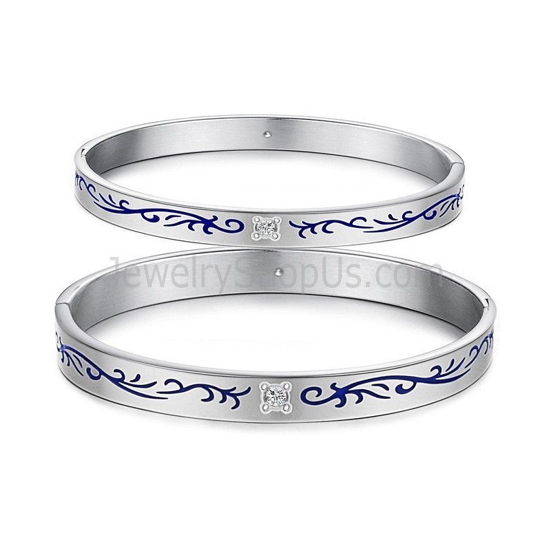 Tatanium Couple Bangles With Blue Flowers C858 Tatanium Couple Bangles With Blue Flowers C858