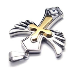Angle Wing Golden Cross Titanium Steel Pendant Free Chain