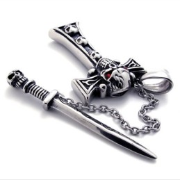 Skull With Red Diamond Dagger Titanium Cross Pendant