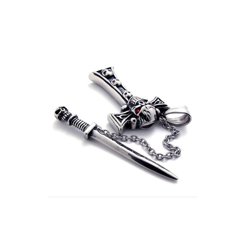Skull With Red Diamond Dagger Titanium Cross Pendant Skull With Red Diamond Dagger Titanium Cross Pendant