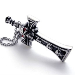 Skull With Red Diamond Dagger Titanium Cross Pendant