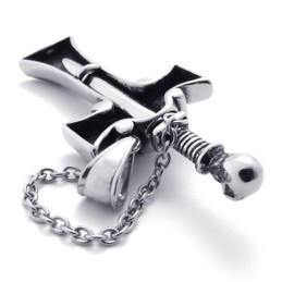 Skull With Red Diamond Dagger Titanium Cross Pendant