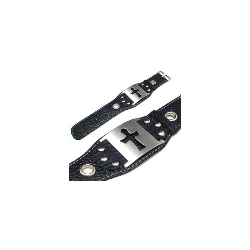 Mens Boys Pure Titanium Leather Cross Bracelet Bangle