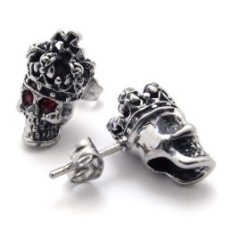 Red Diamond Crown Skull Titanium Earrings