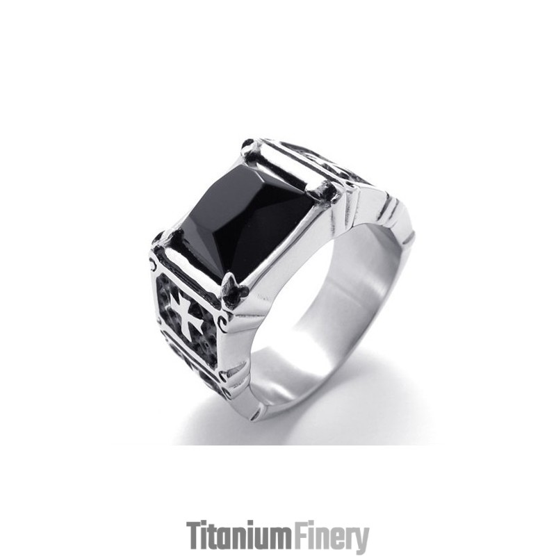Cross Black Gemstone Titanium Ring Cross Black Gemstone Titanium Ring